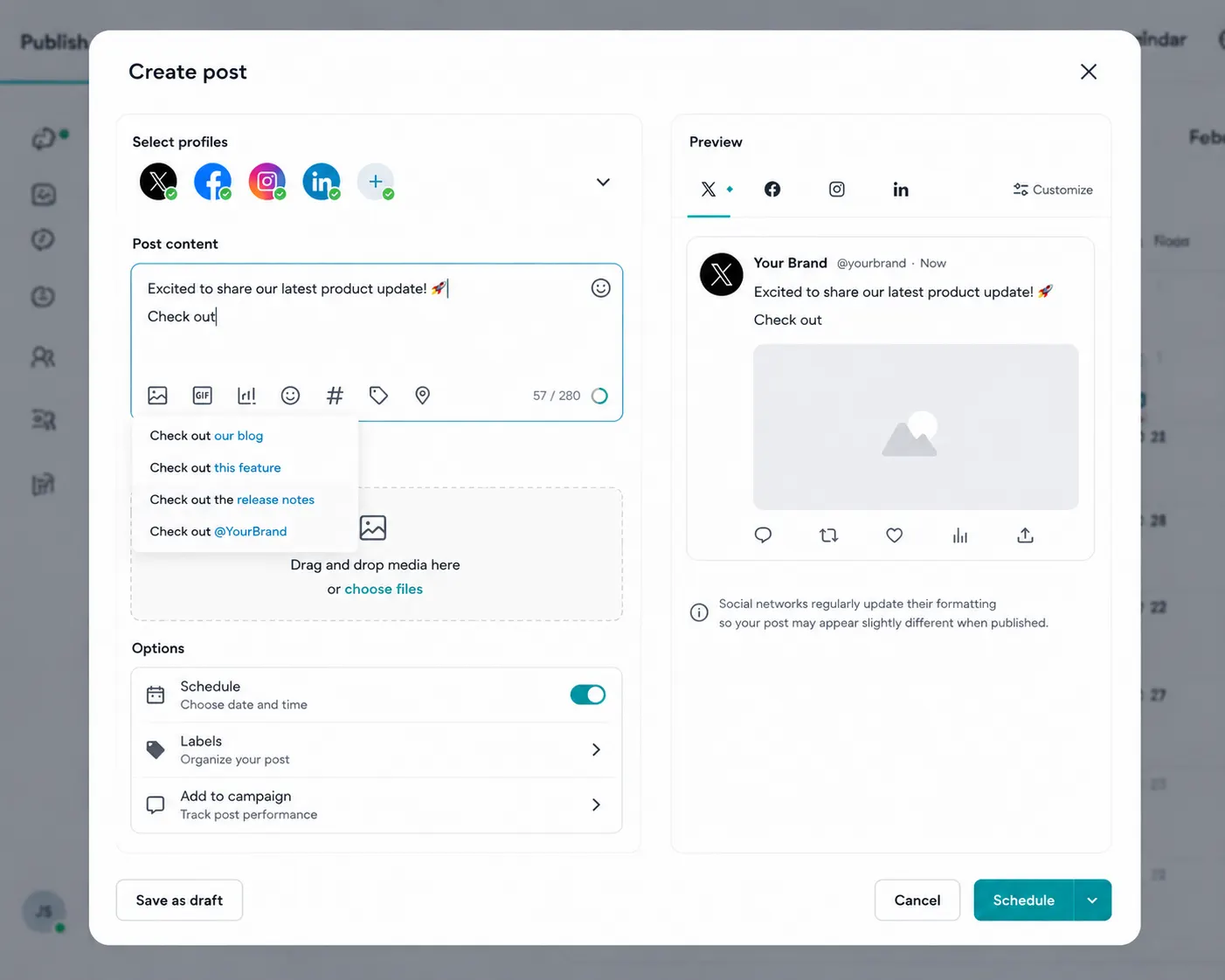 Create post modal with live preview
