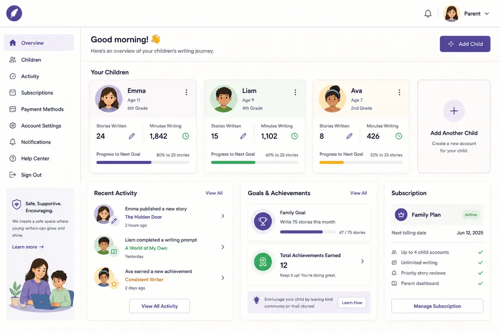 Parent dashboard with child accounts